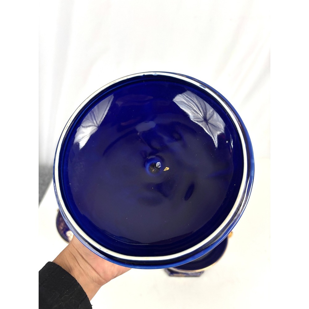 Vintage Cobalt‎ Blue Footed Covered Candy Dish Pair Gold Floral Japan - Picture 9 of 16
